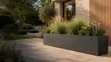 AI-sfeerbeeld van een donkere plantenbak op een modern terras